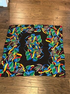 Silk Scarf Multicolor Black with Bright Ribbon and Leaves Print Vintage Bright
